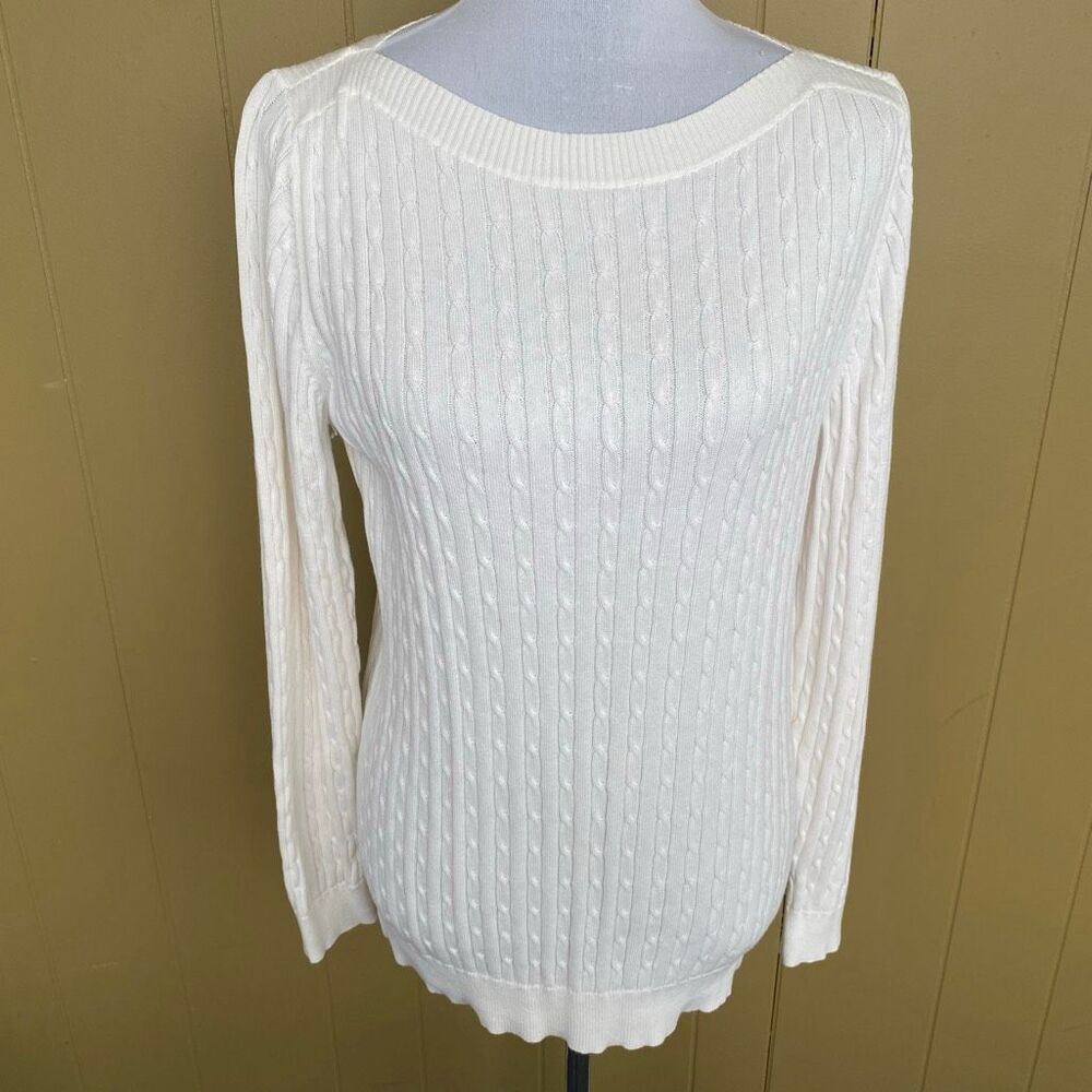 Croft & Barrow women L 100% cotton boatneck cable knit longsleeve sweater white